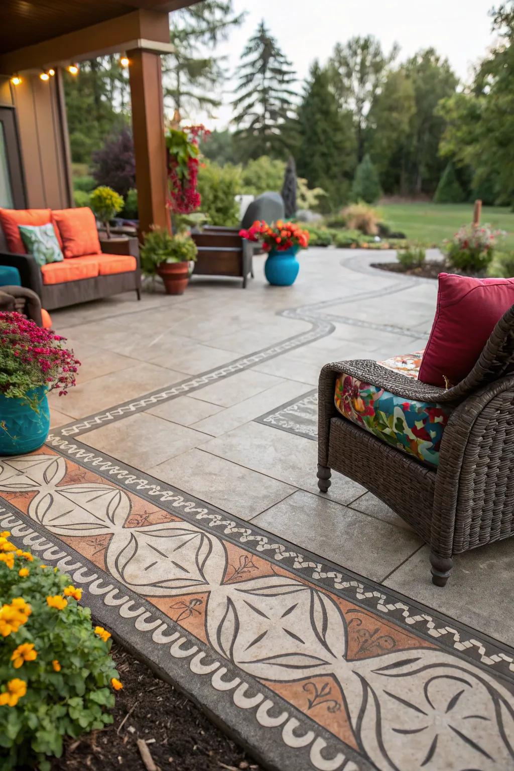 Patio featuring creative artistic design stamped concrete border