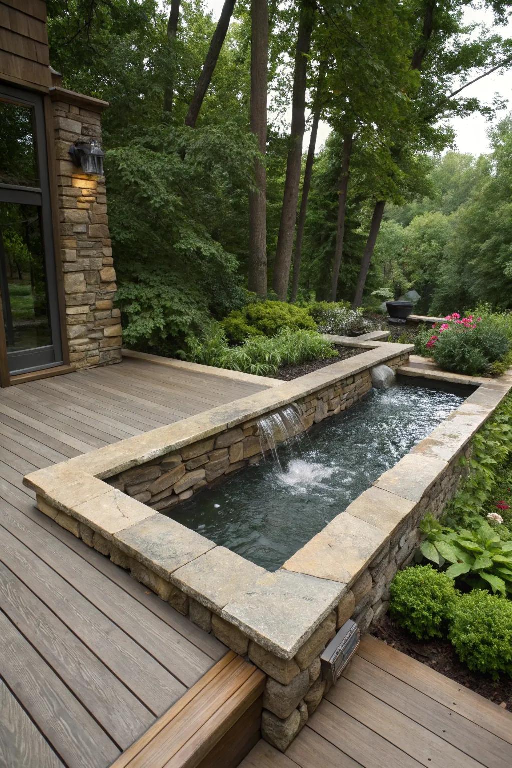 A serene deck showcasing rock skirting with a comforting aquatic element.