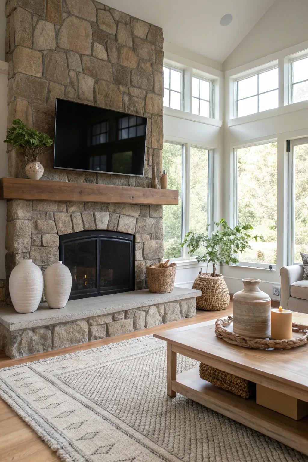 Fill your space with personality by mixing decoration styles near your masonry hearth.