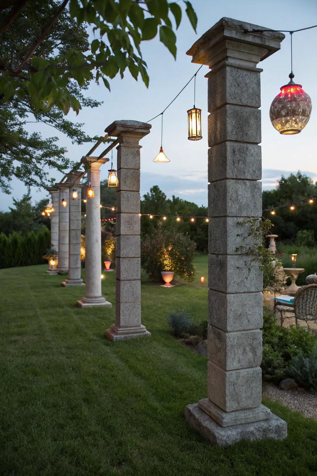 Mix aesthetics using stone supports and eclectic lighting combinations.