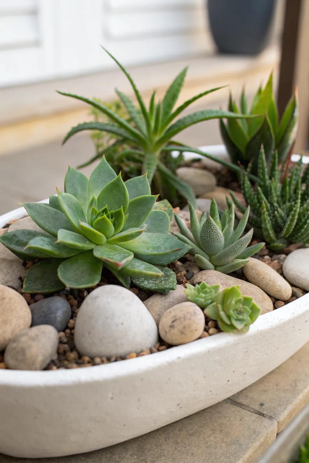 Elegance meets nature: succulents with inherent stones.