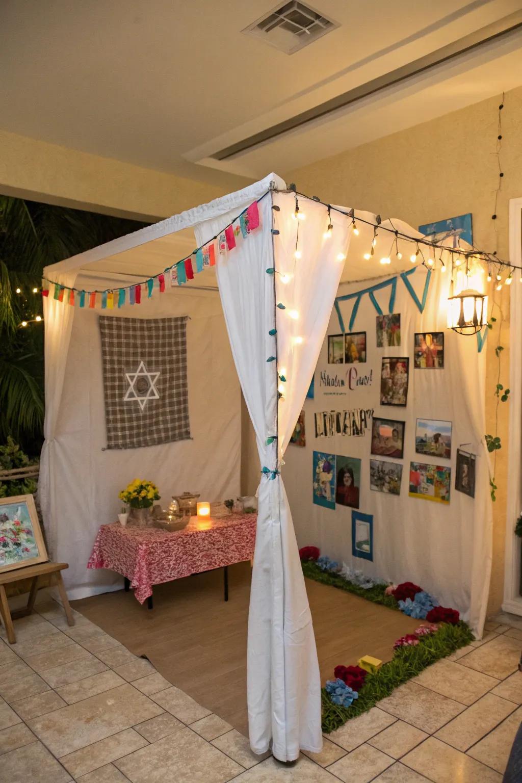 A warm and creative sukkah featuring customized family art.