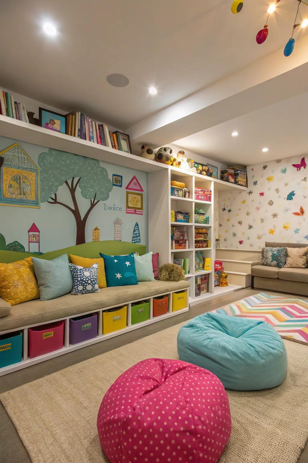 A sunken living room as a playful kids' area.