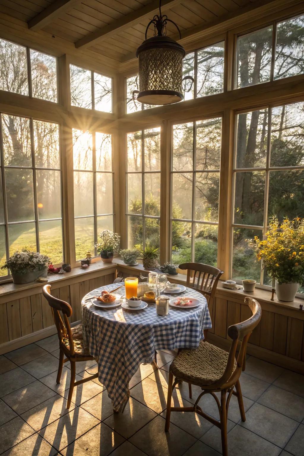 A charming breakfast alcove in a sunroom.