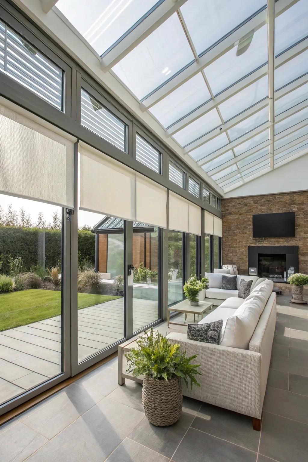 Automatic shades offer ease and control in your sunroom.