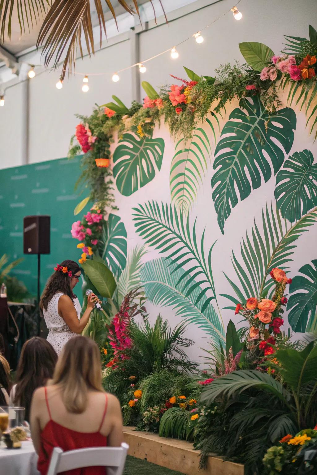 An exotic getaway-themed backdrop bringing an element of paradise to the celebration.