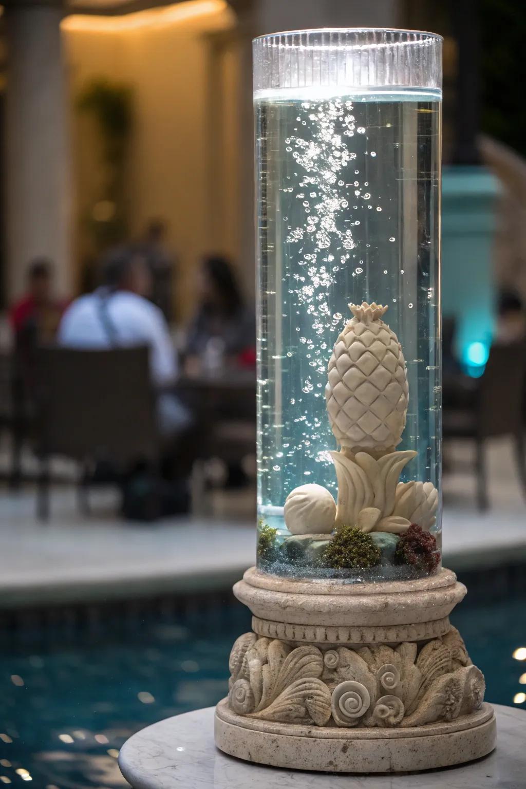 A sculptural epicenter nestled within a towering aquarium.