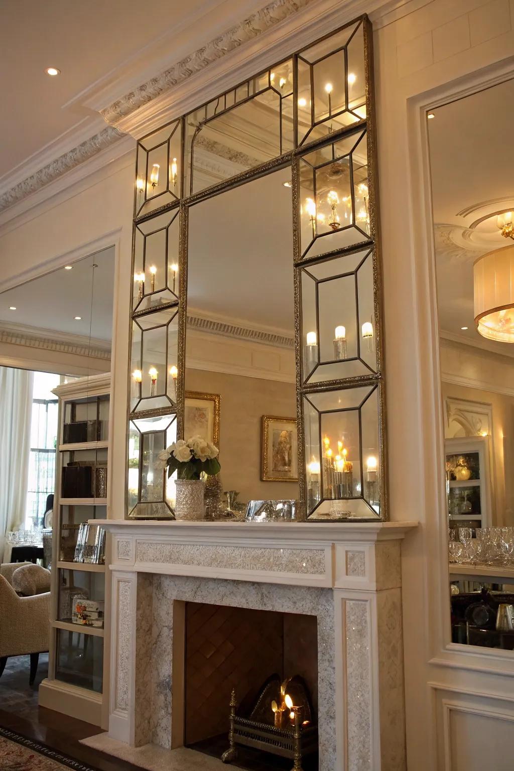 A tall mantel with layered mirrors for a dazzling visual effect.