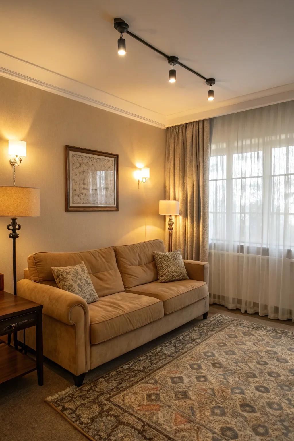 Layered illumination enhances the ambiance and showcases the beige sofa.