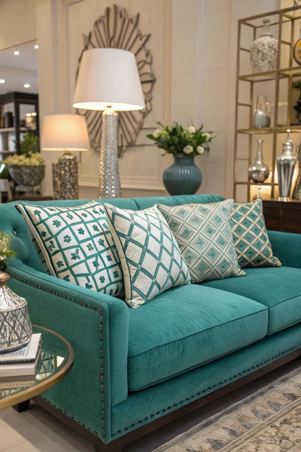 Geometrical designs infuse a contemporary accent to a cobalt settee.