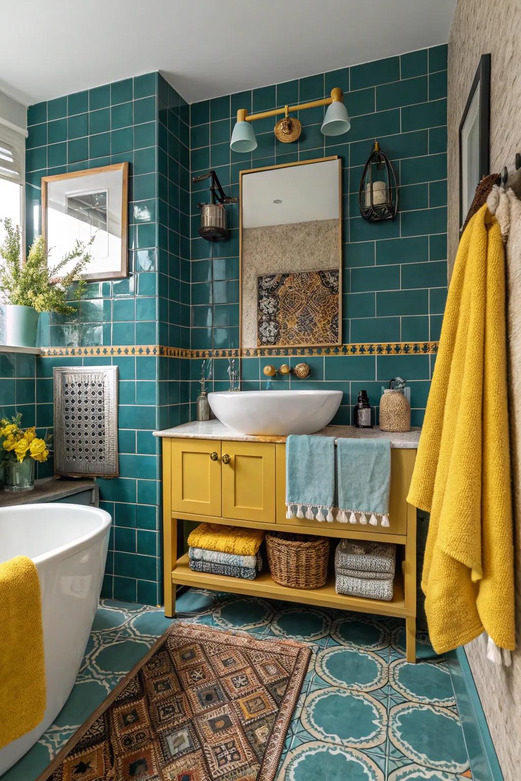 Unexpected color pairings with turquoise ceramics craft a daring statement.