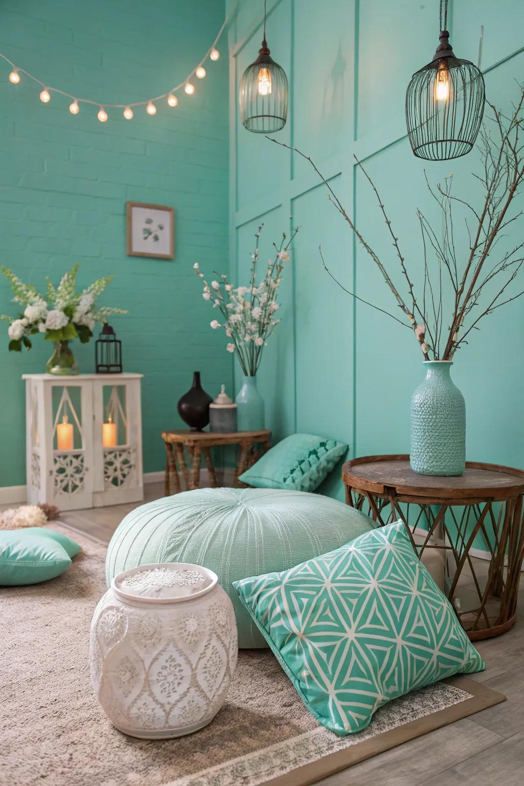 Revitalizing and tranquil styling featuring turquoise and mint.