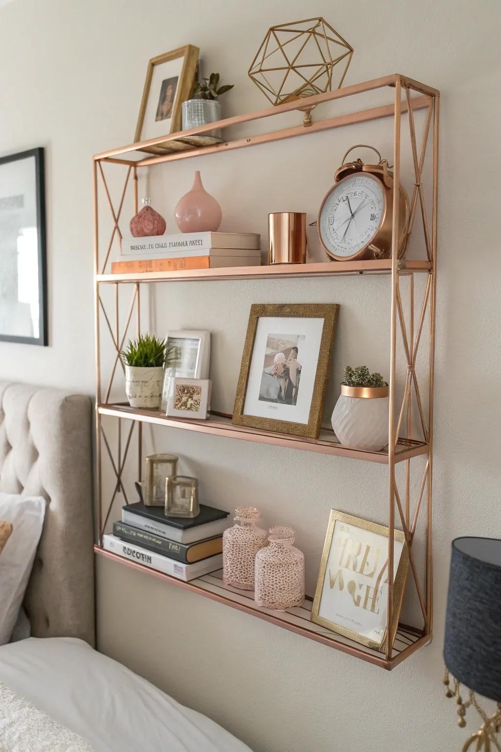 Rose gold floating shelves provide stylish and functional storage.