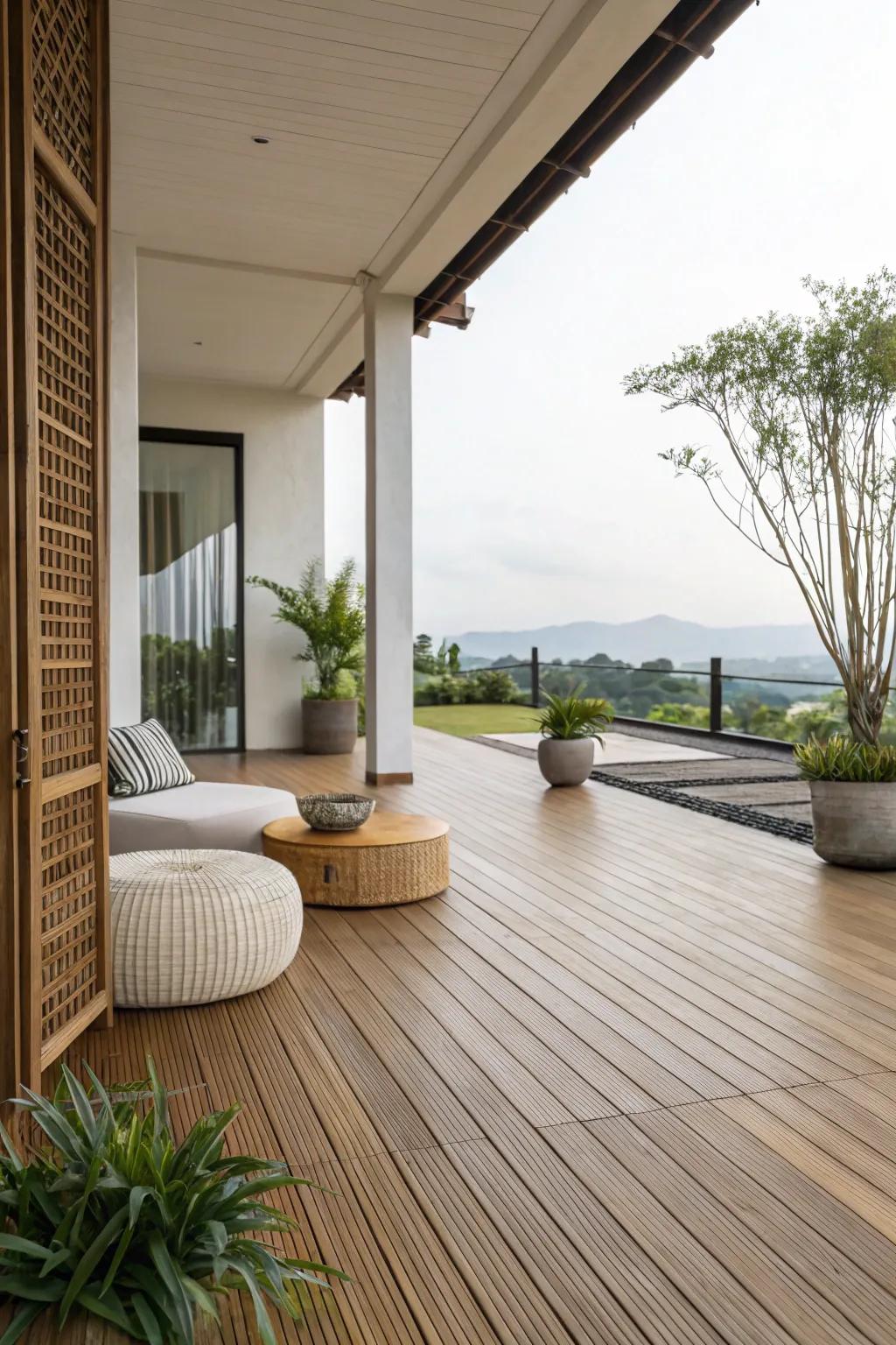 Bamboo ground covering is a sustainable and chic choice for patios.