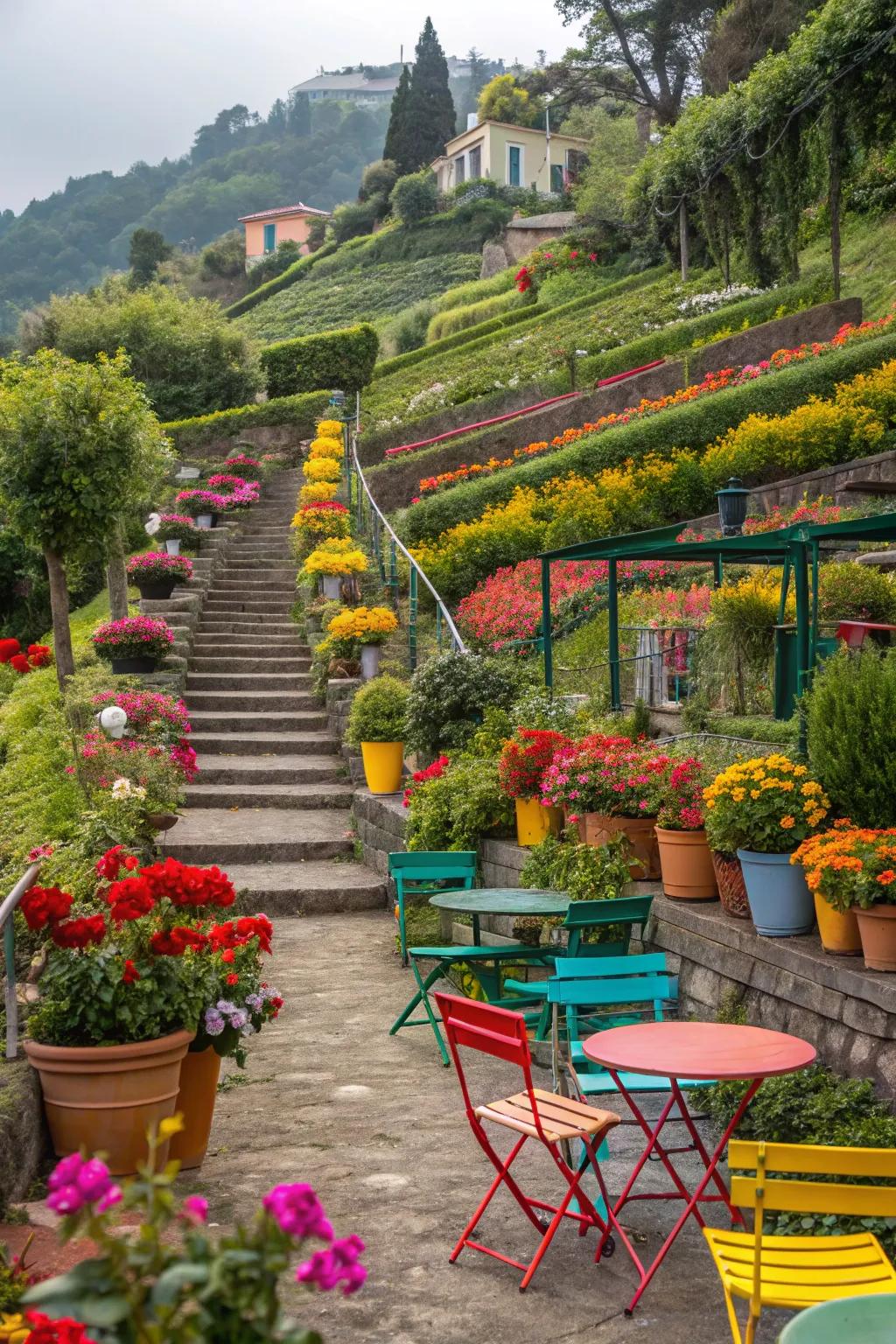 Bold color touches in a layered garden, adding energy and vibrancy to the space.
