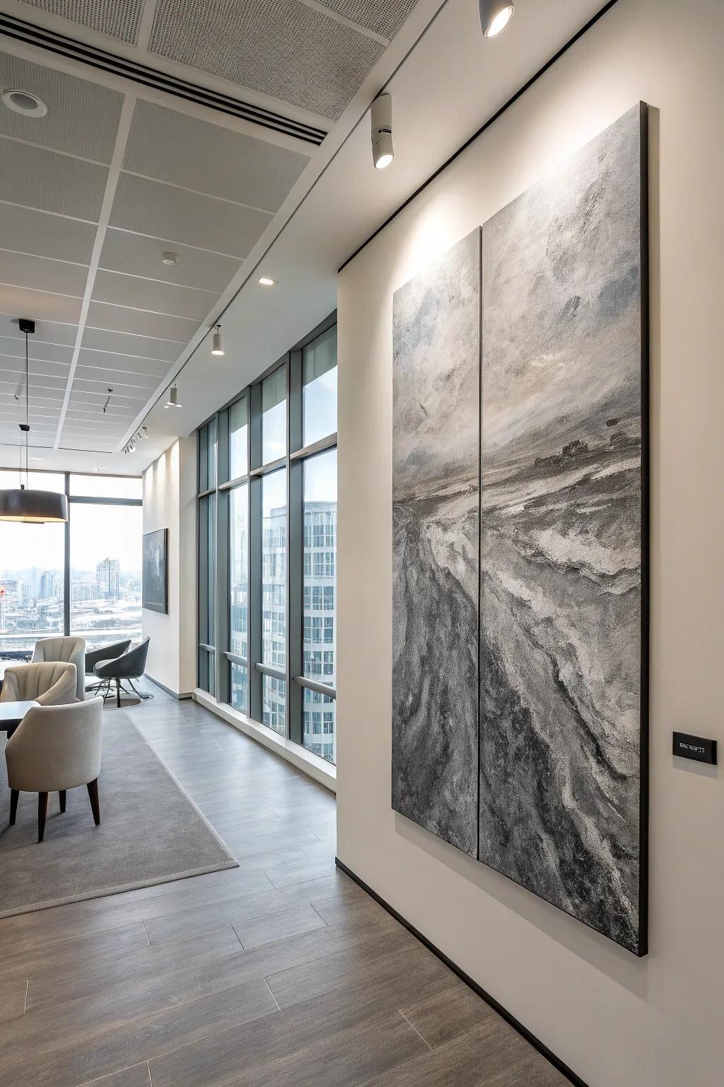 A monotone embossed painting appends sophistication to this modern office.