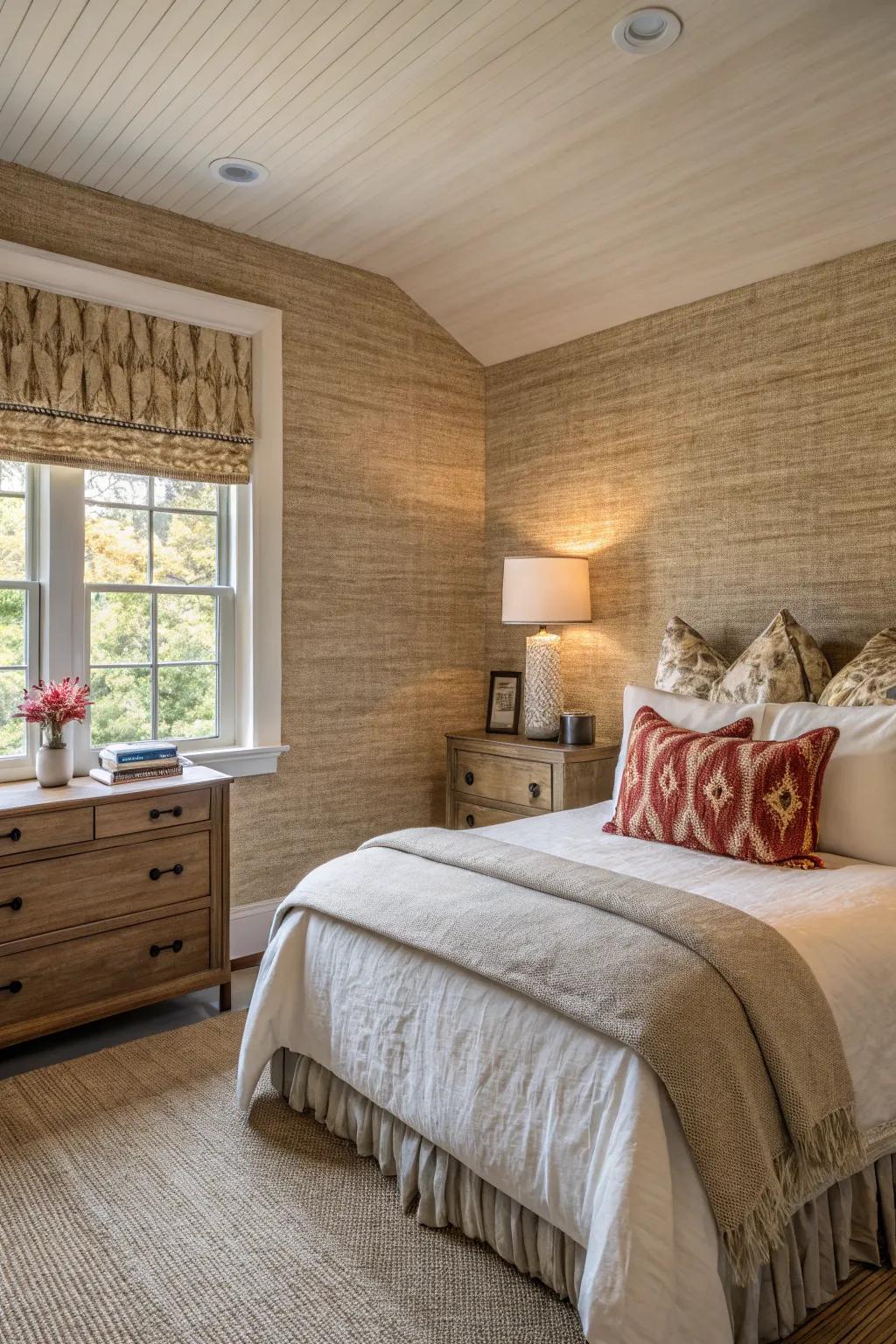 This bedroom showcases inviting grasscloth wallpaper.