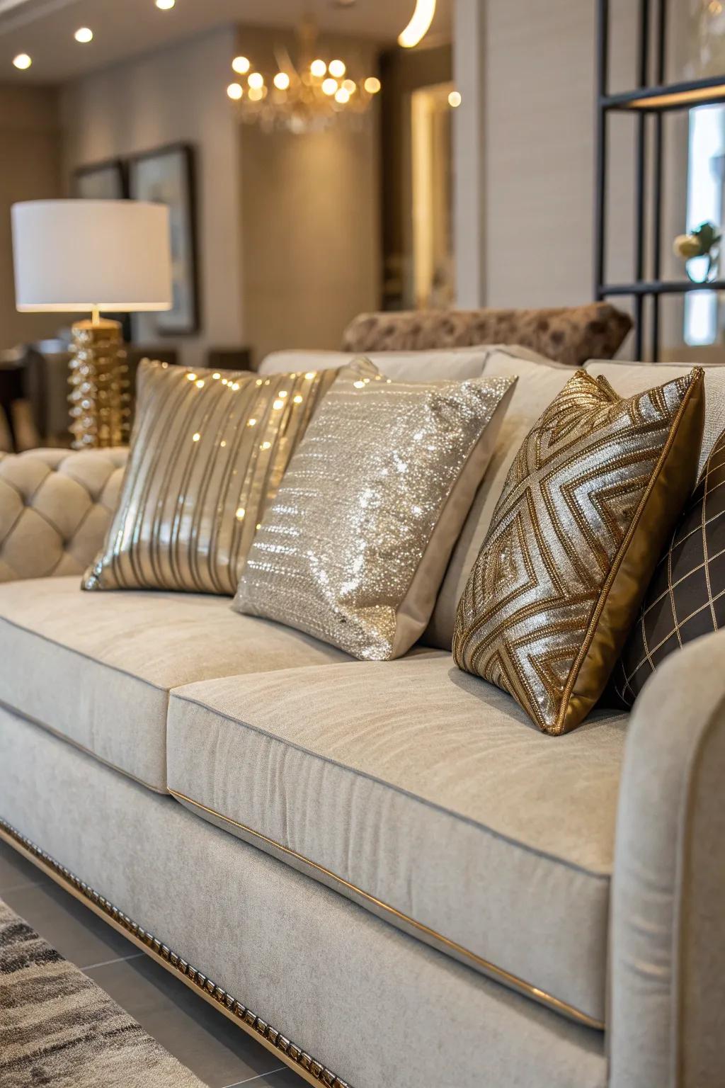 Glamorous metallic accents on cushions for a hint of luxury.