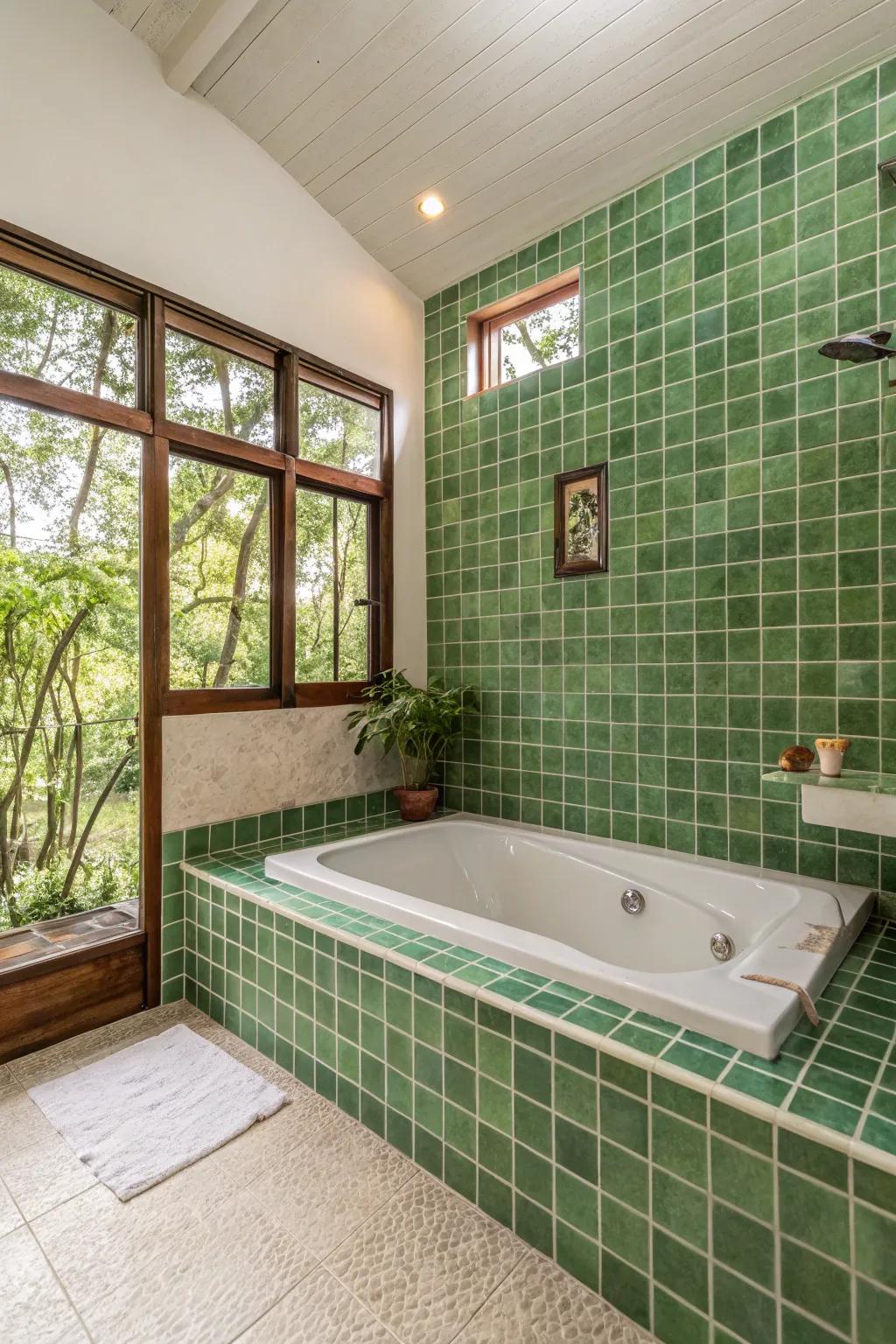 Green panels bring a natural and refreshing touch to your bathtub area.