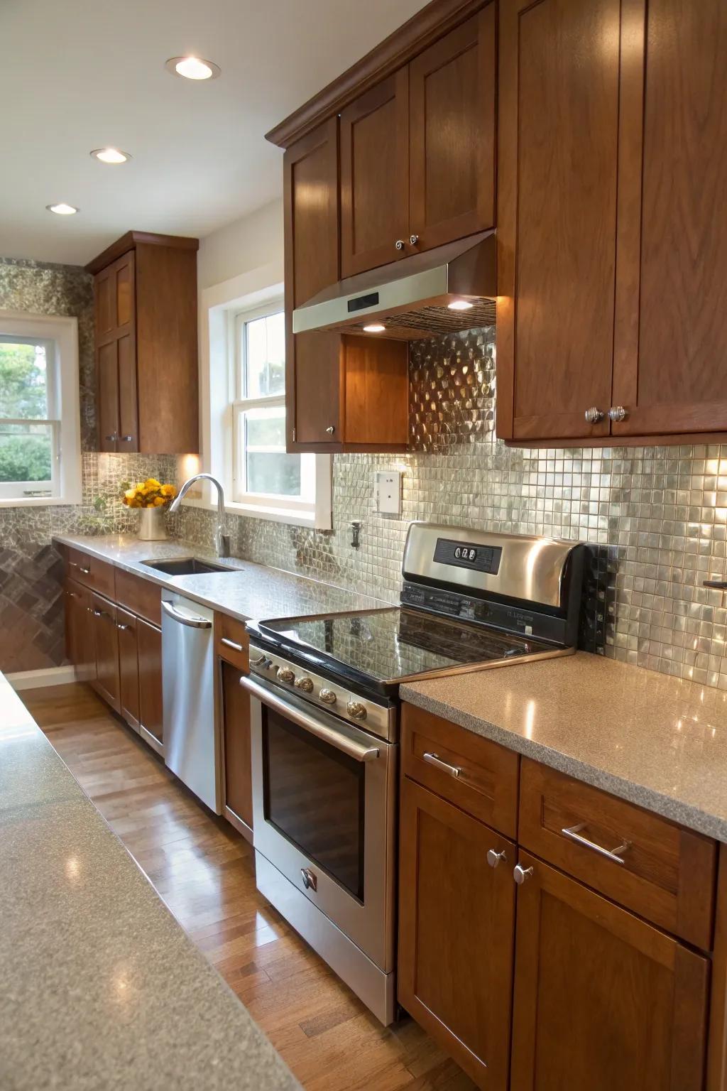 Metal tiles contribute a touch of glam to this modern kitchen.