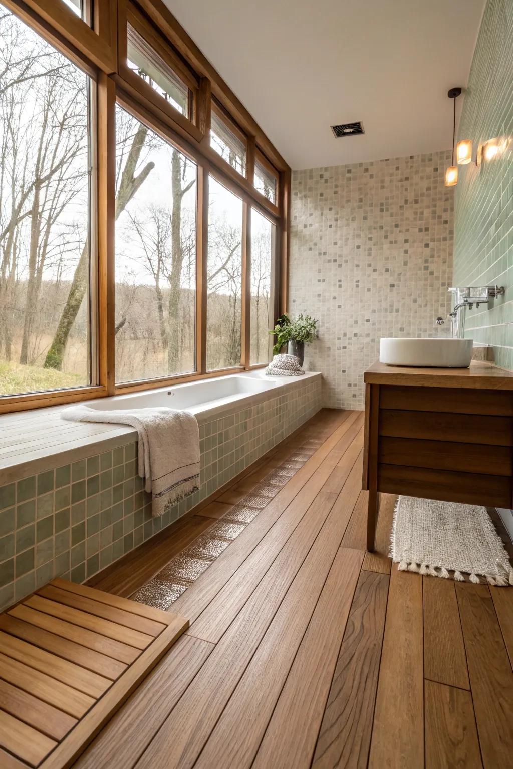 Soft contrast tiles create a gentle transition into a wood floor.