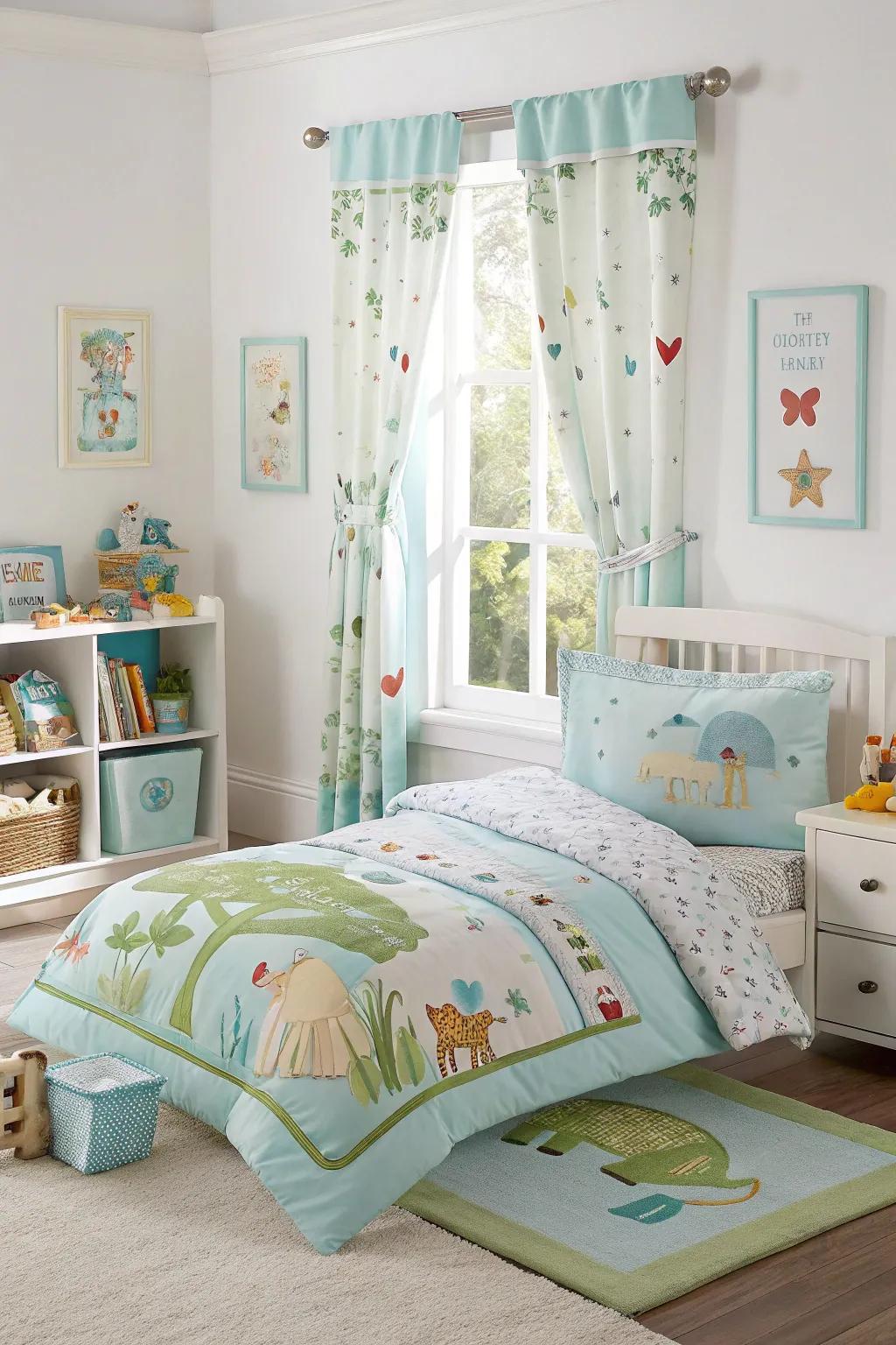 Coordinated bedding unifies the chamber’s decor exquisitely.