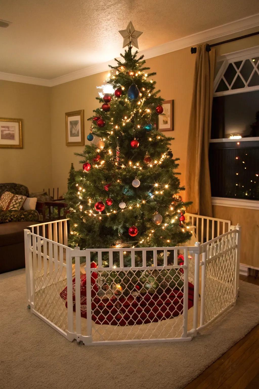 A barrier furnishes a secure border for toddlers encircling the tree.