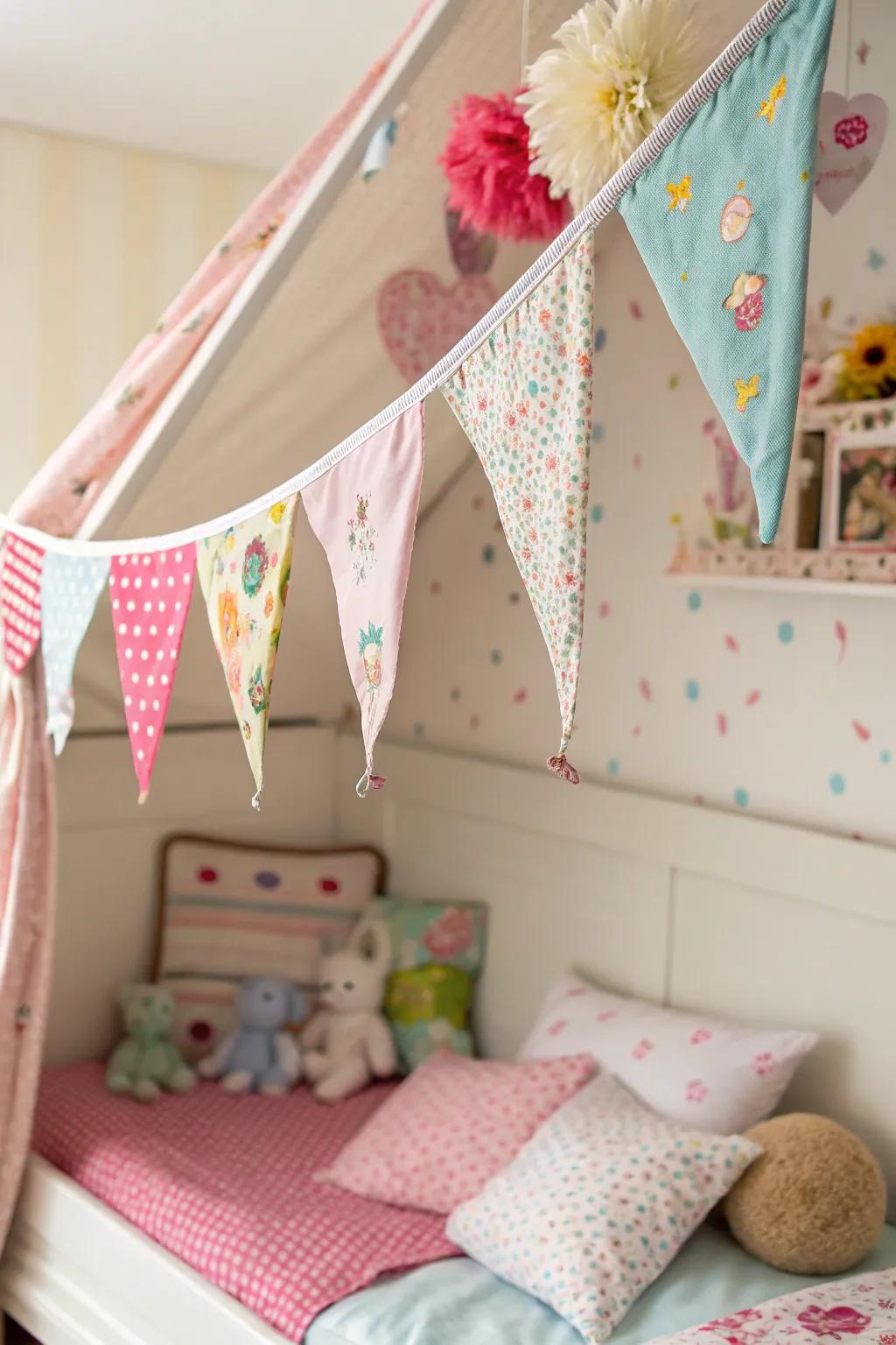 Textile bunting brings a playful vibe to the setting.