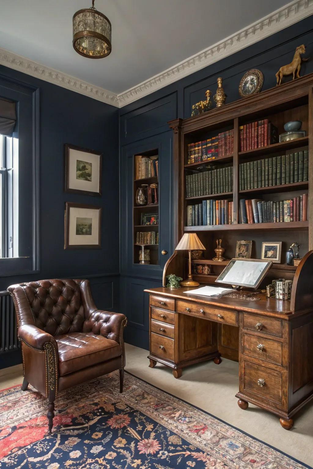 A study flaunting walls painted in classic navy.
