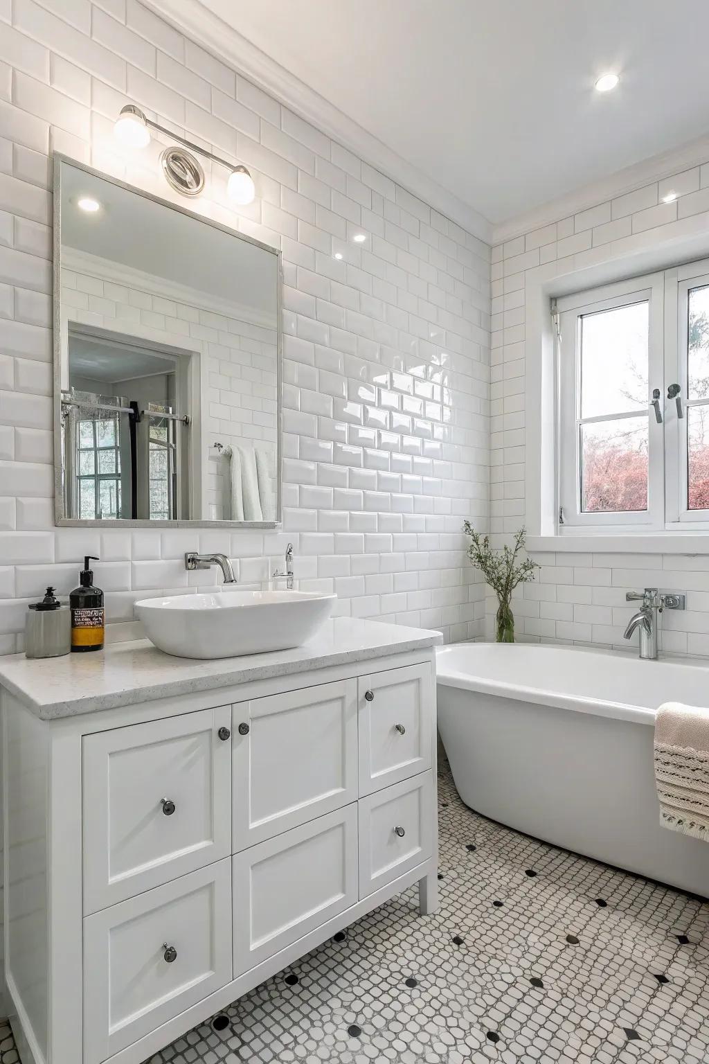 A white bathroom showcasing various shades of white, creating a sophisticated all-one-color effect.