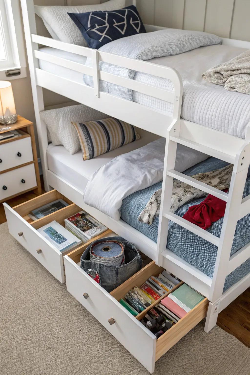 Smart organization with hidden storage in triple bunks.