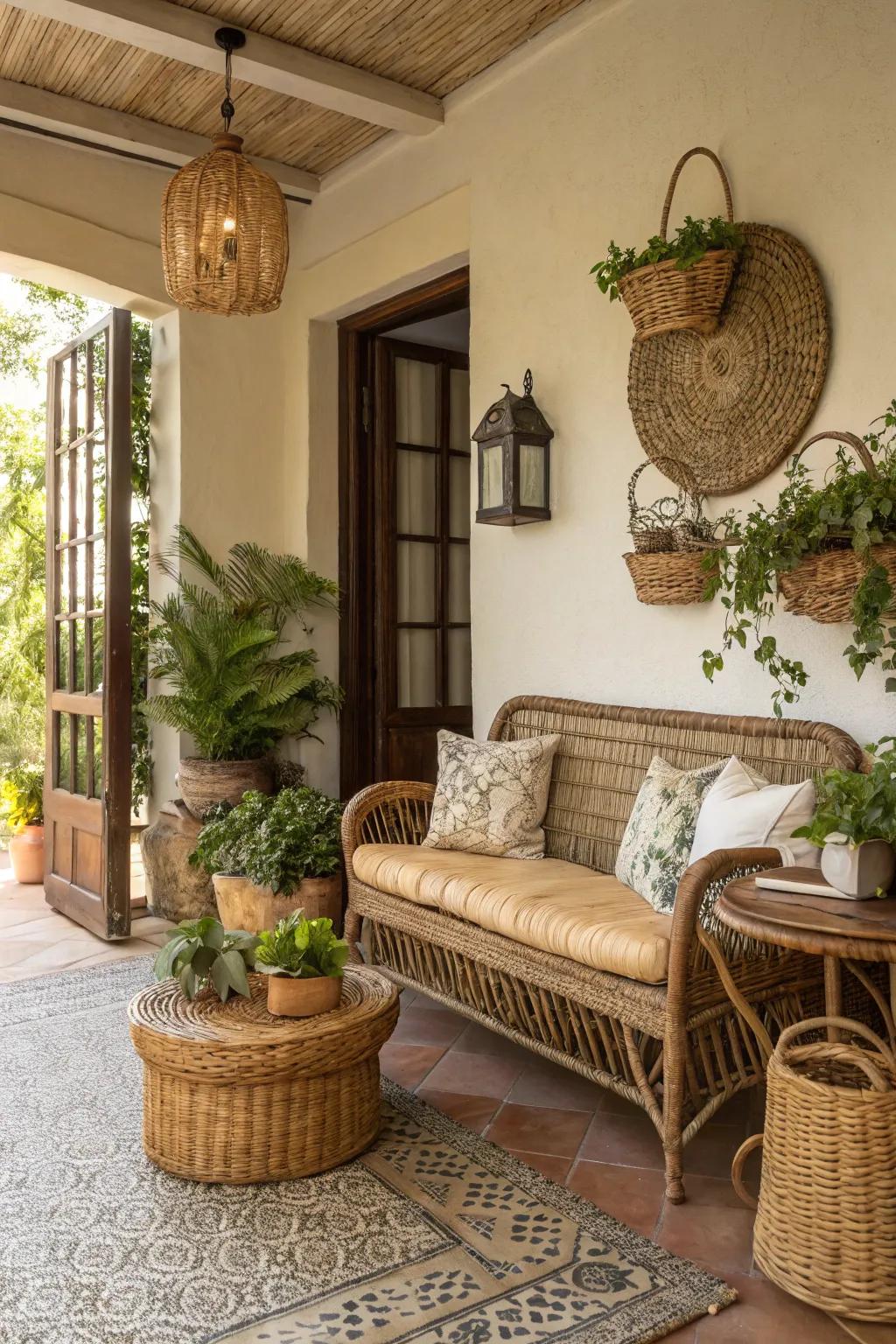 Cane and wicker elements add a relaxed island vibe to your entryway.