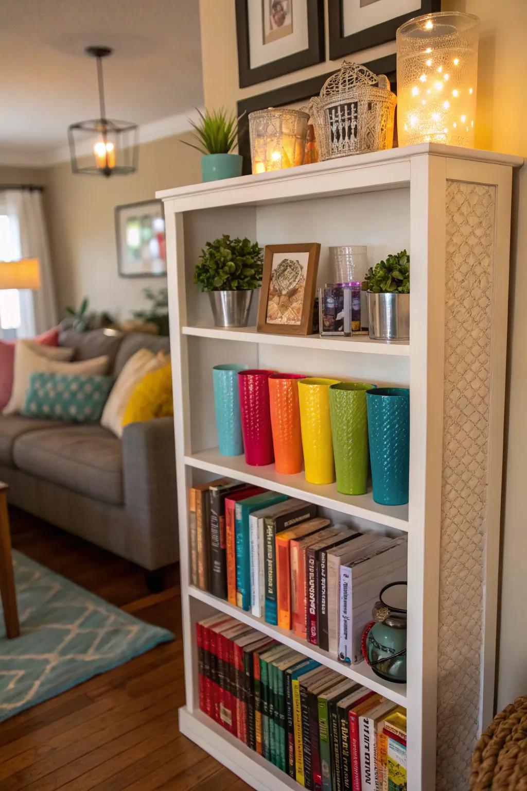Bookshelf repurposed to accommodate tumbler stowing.