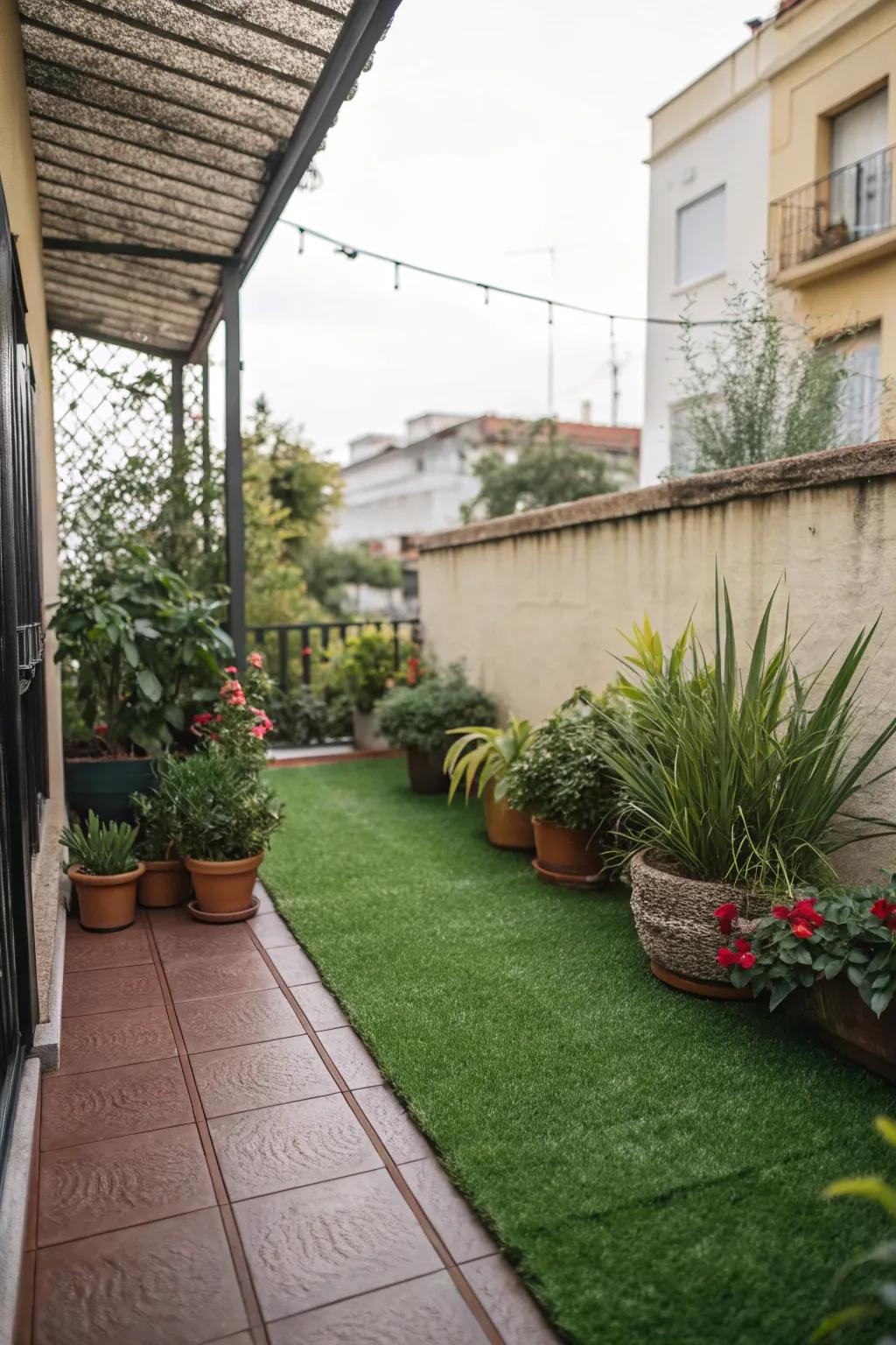A compact patio transformed with lush turf.
