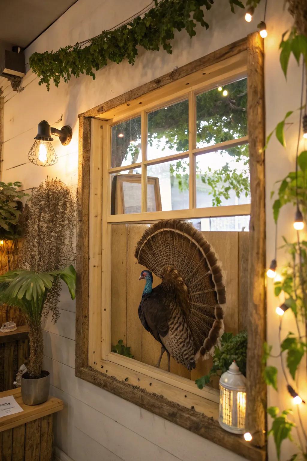 Reused materials give a turkey fan mount a unique, sustainable flair.