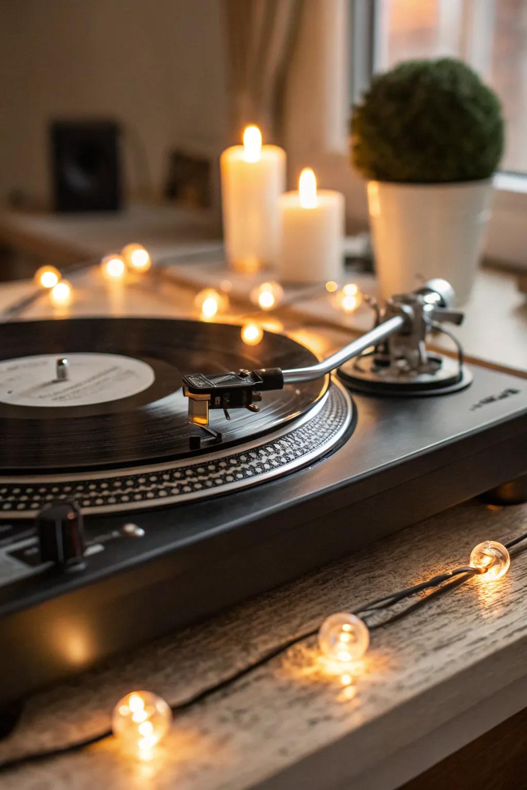 Circle lights providing discreet lighting for a record player.