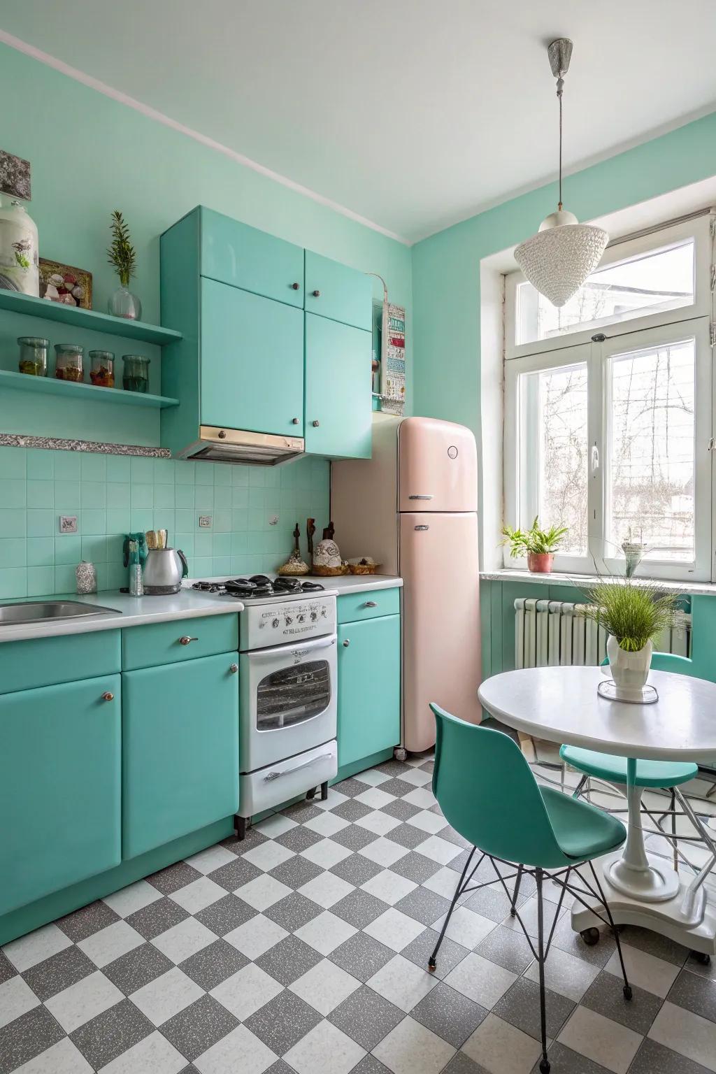 Vintage features injecting a retro beauty into a turquoise cooking area.