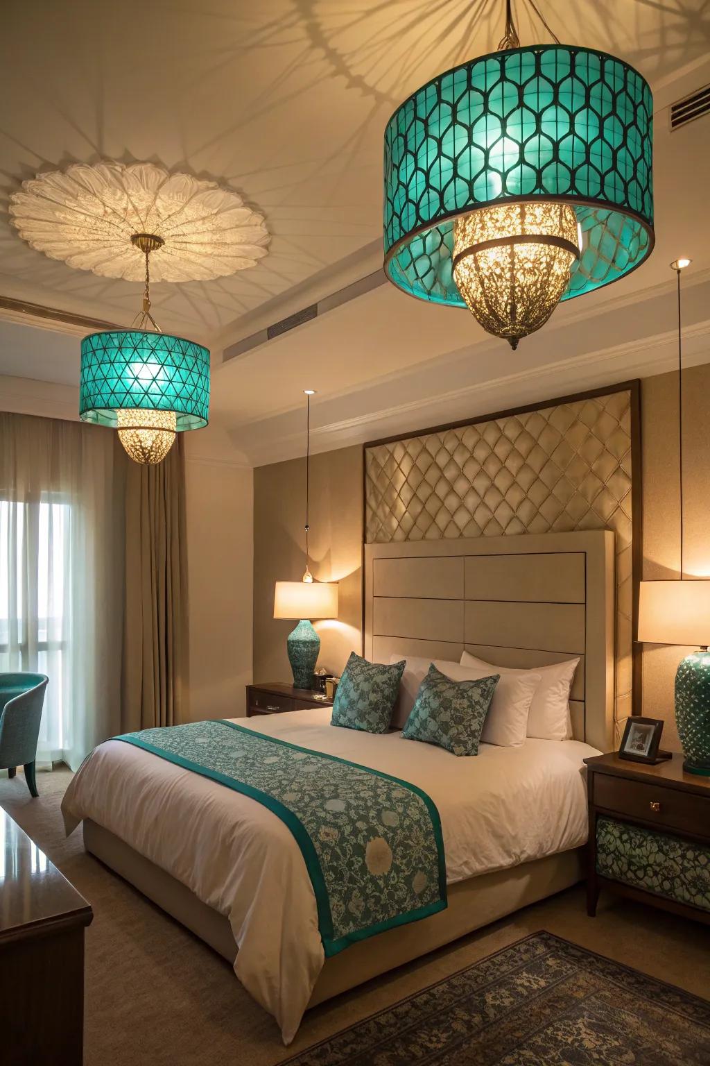 Teal lighting fixtures as functional art pieces.