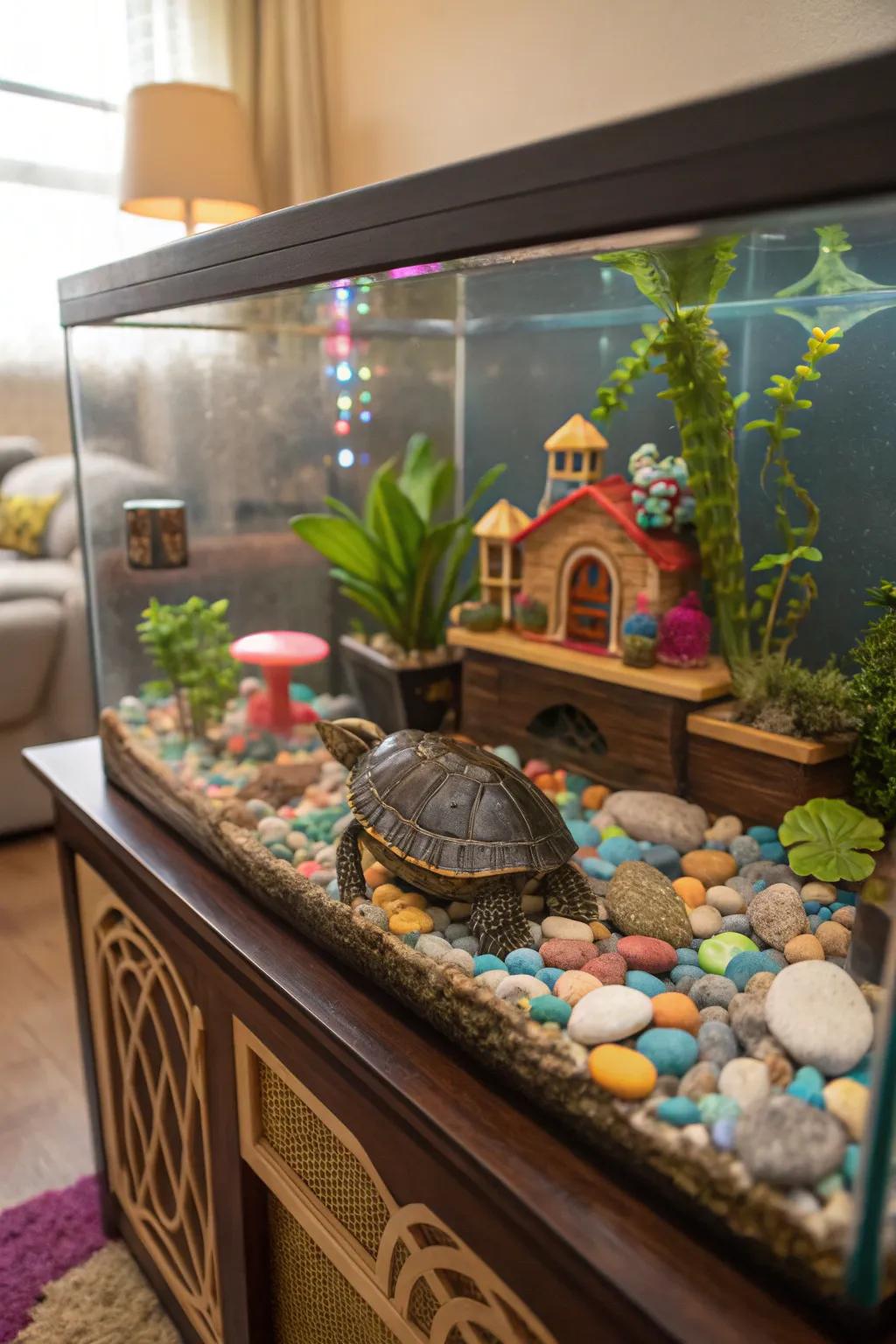 An eclectic decor mix creates a unique and personalized turtle tank.