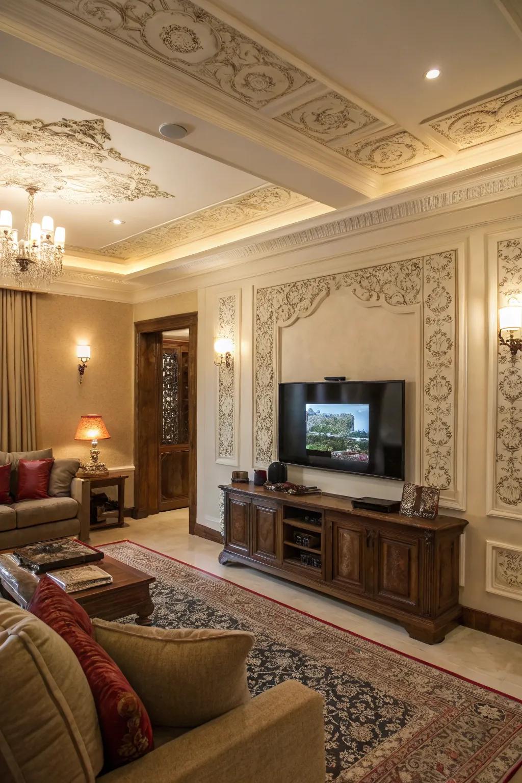 Decorative edging frames the TV, bestowing it with an artful presence.