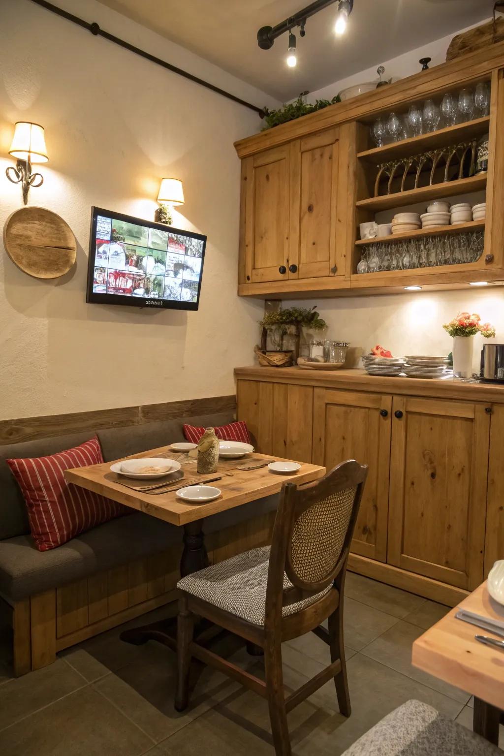 A television positioned in the dining alcove for cozy mealtime entertainment.