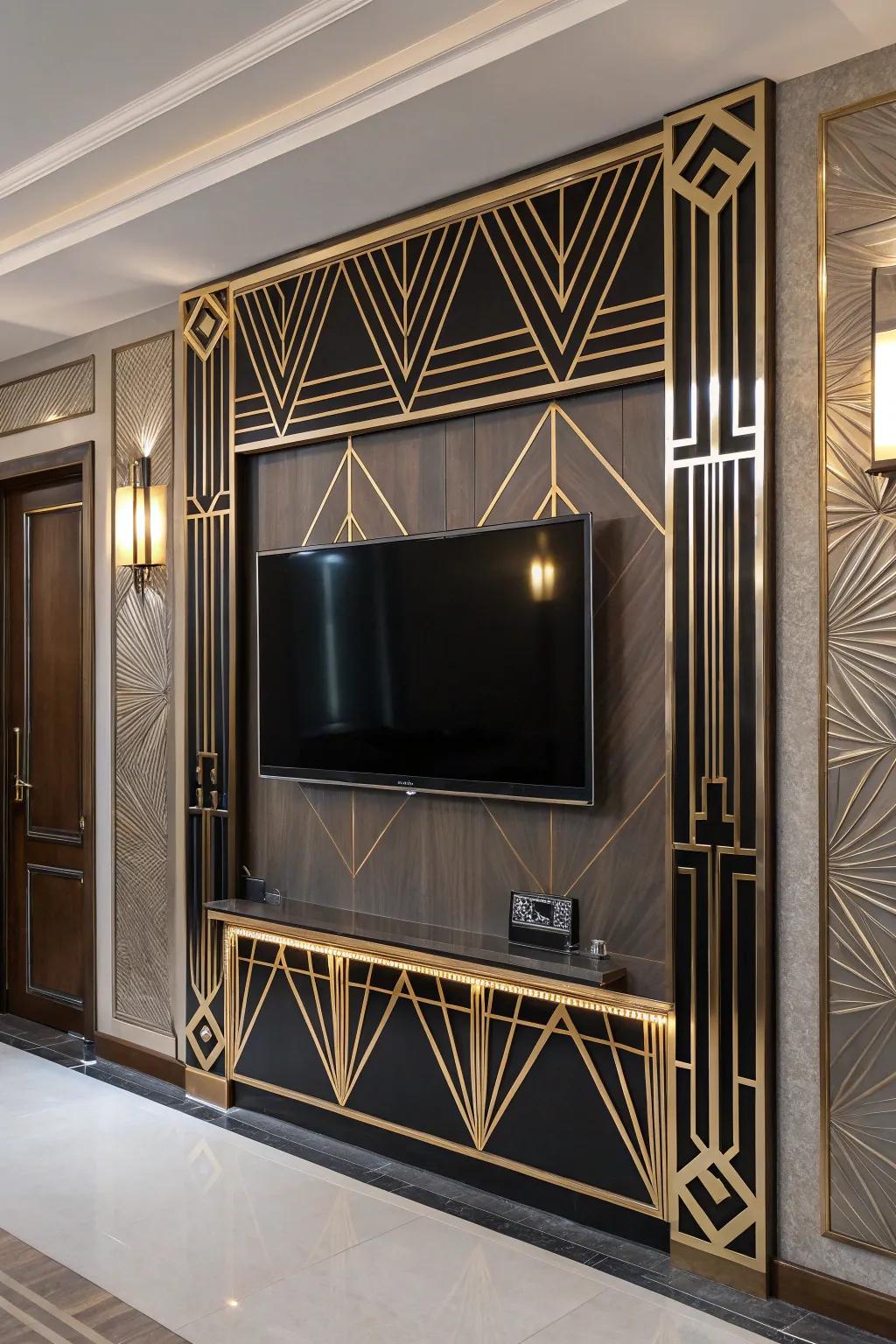 Art Deco elements infuse this TV wall with glamour and sophistication.