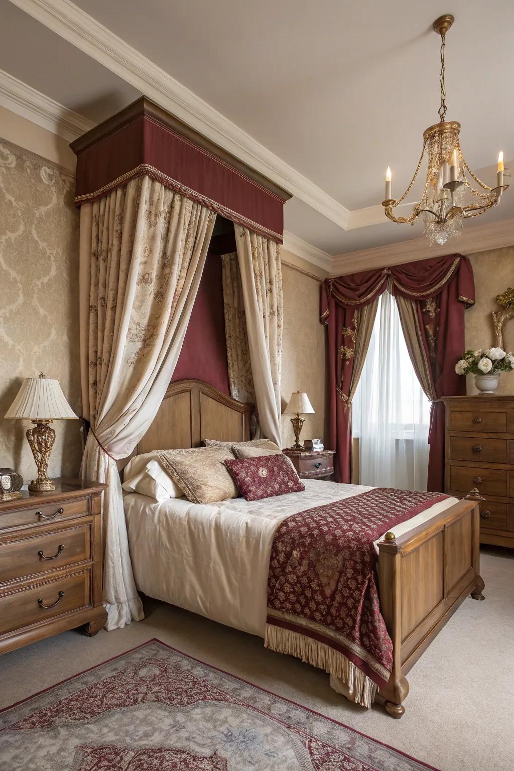 An elegant bedroom featuring sandstone and burgundy walls, radiating classic warmth.