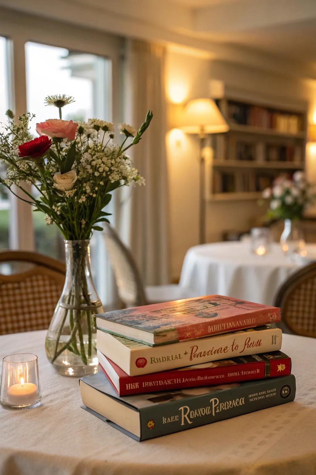 Books and flowers produce a literary-themed centerpiece.