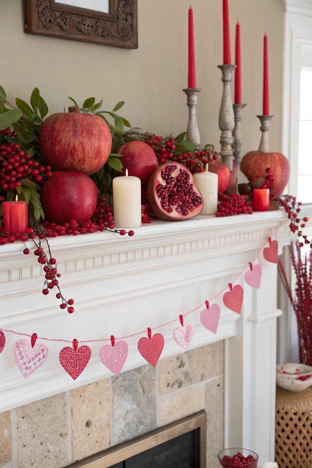 Seasonal fruits contribute an organic burst of pigment to the mantel.
