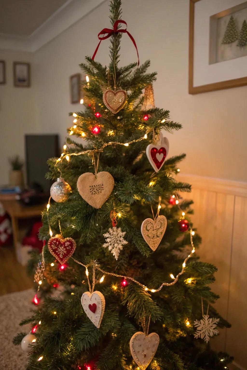 Handcrafted ornaments contribute bespoke charm and ingenuity to your Valentine's tree.