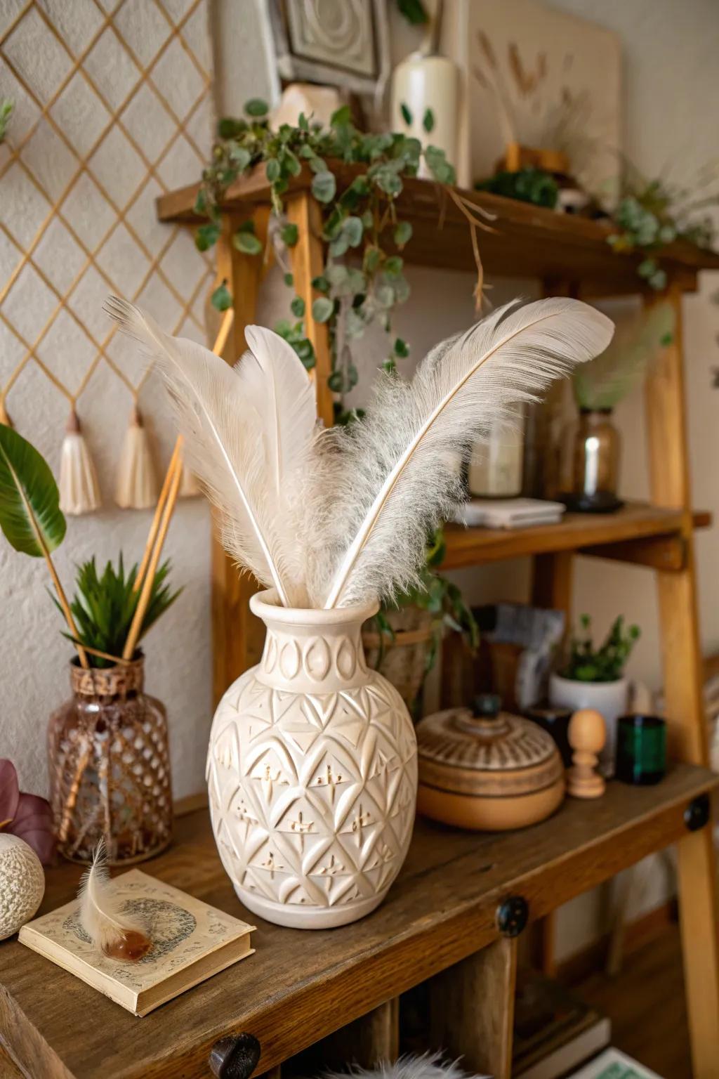 Add whimsy to vases with feathers as additives.