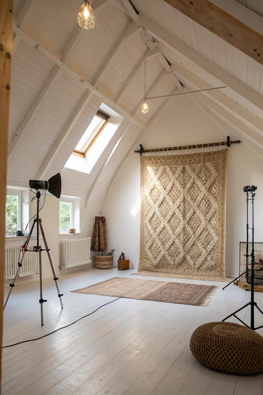 Studio with vaulted ceiling and woven textile feature wall