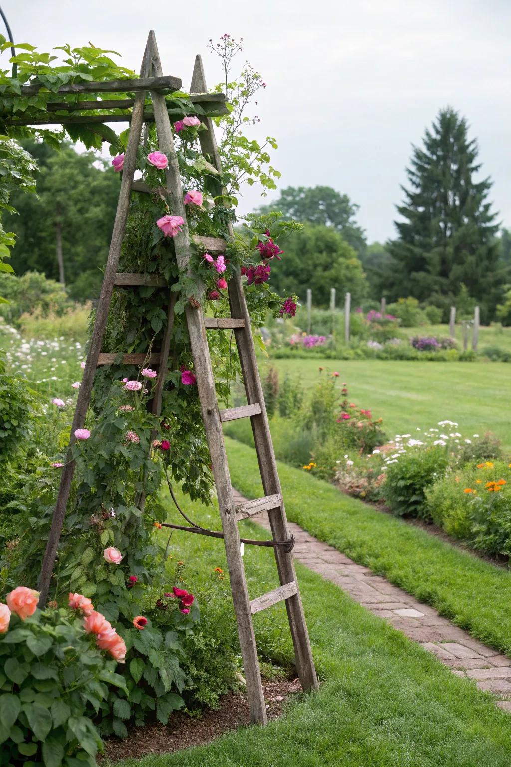 Repurposed staircases make unique garden trellises.