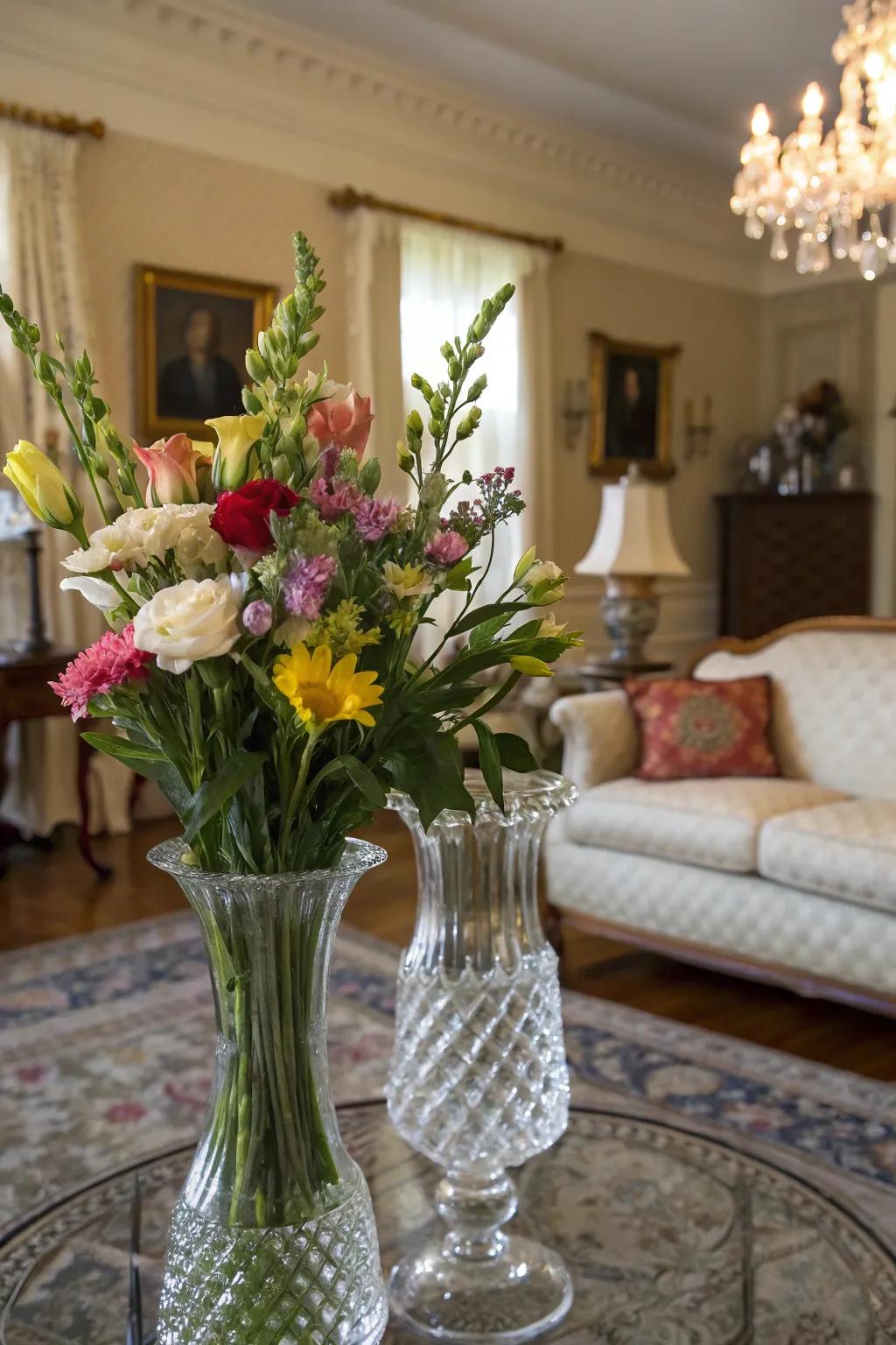 Gem vases with fresh flowers enhance beauty and natural charm.